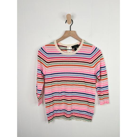 J. Crew Italian Cashmere Stripe Sweater Size Medium Pink Crewneck 3/4 Sleeve - Picture 2 of 7